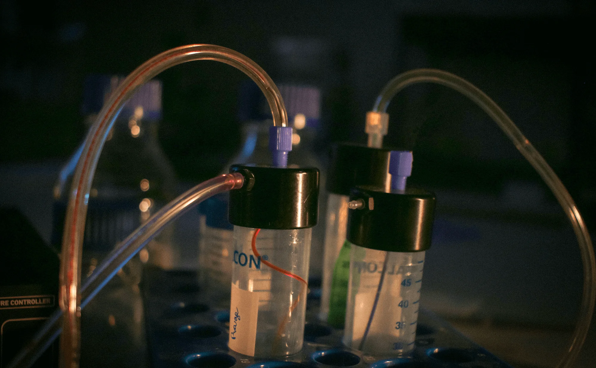 Dispositif microfluidique constitué de deux réservoirs Falcon connectés à des tubes utilisés lors du projet photographique Microfluidic Poetry. | Julien Ridouard, en collaboration avec Elveflow